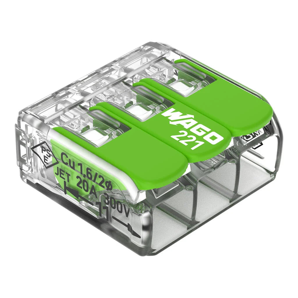 Wago 32A 3 Way Green Lever Connector 221-423