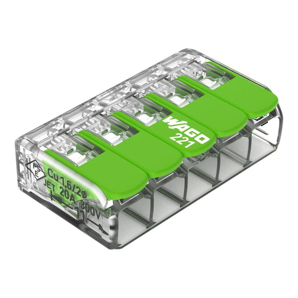 Wago 32A 5 Way Green Lever Connector 221-425