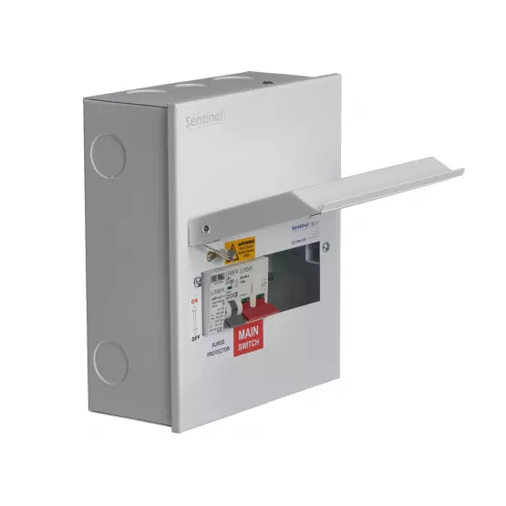 Europa Sentinel 8 Way (4 Free) Metal Consumer Unit with 100A Main Switch & 2 Pole Type 2 SPD SLCU8M-SPD