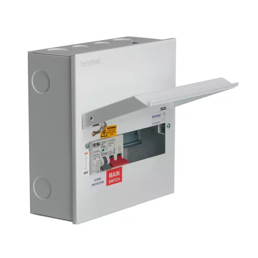 Europa Sentinel 10 Way (6 Free) Metal Consumer Unit with 100A Main Switch & 2 Pole Type 2 SPD SLCU10M-SPD