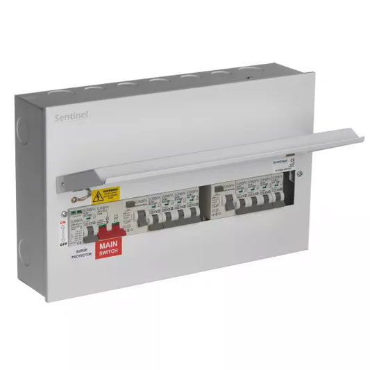 Europa Sentinel 18 Way (10 Free) Dual 80A Type A RCCB Metal Consumer Unit with 100A Main Switch & 2P Type 2 SPD + 8 MCBs SLCU18DS-SPD-FL01