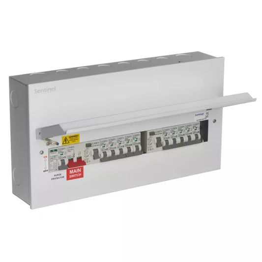 Europa Sentinel 20 Way (12 Free) Dual 80A Type A RCCB Metal Consumer Unit with 100A Main Switch & 2P Type 2 SPD + 10 MCBs SLCU20DS-SPD-FL01