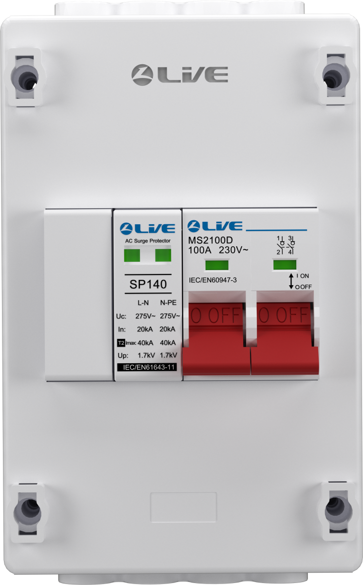 Live Electrical 4 Way Plastic Enclosure with DP 100A Main Switch Double Wiring Terminal & 20/40kA DP Surge Protection Device SPD PEN2100D-SP