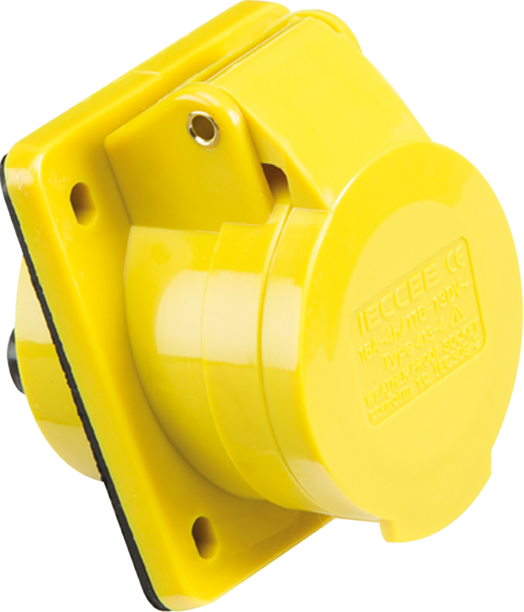 Knightsbridge 110v IP44 16A 2P+E Yellow Angled Panel Mount Socket IN004