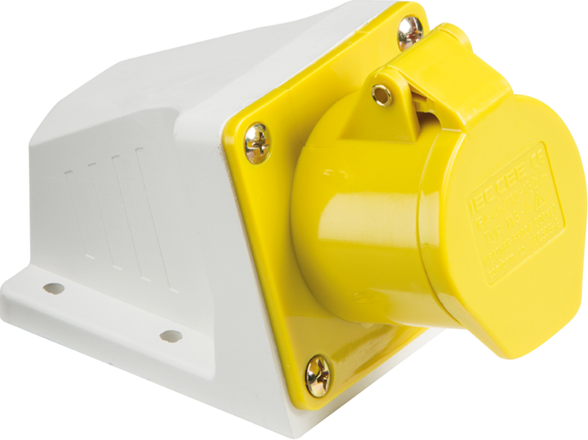 Knightsbridge 110v IP44 16A 2P+E Yellow Angled Surface Mount Socket IN003