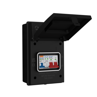 Live Electrical IP65 Black 4 Way Metal 100A DP Main Switch & 20/40kA DP Surge Protection Device SPD & 40A SP RCBO EV Charging Unit AGU4-SR/B