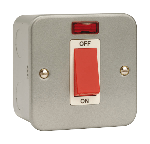 Click Essentials 45A DP 1 Gang Plate Switch with Neon Metal Clad CL201