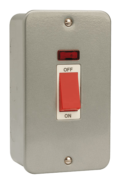 Click Essentials 45A DP 2 Gang Plate Switch with Neon Metal Clad CL203