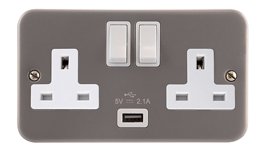 Click Essentials 2 Gang 13A Switched Metal Clad Socket with 2.1A Type A USB Outlet CL770