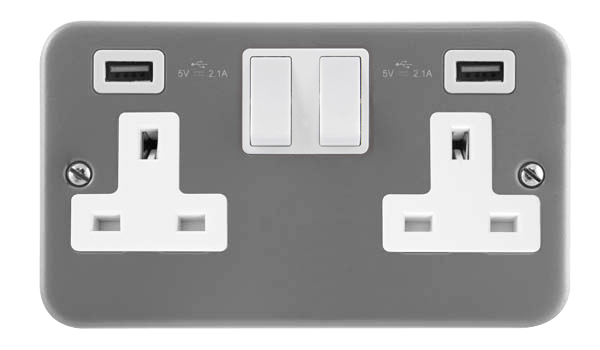 Click Essentials 2 Gang 13A Switched Metal Clad Socket with Twin 2.1A Type A USB Outlet CL780