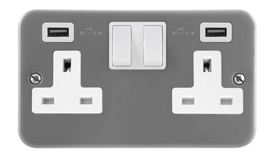 Click Essentials 2 Gang 13A Switched Metal Clad Socket with Twin 2.1A Type A USB Outlet CL780
