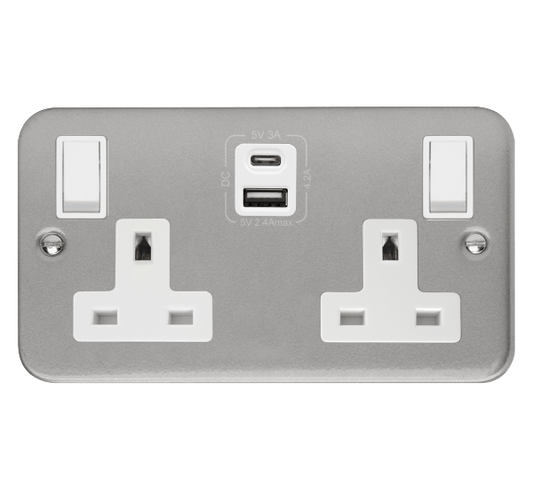 Click Essentials 2 Gang 13A Switched Metal Clad Socket with 4A Type A & Type C USB Outlets CL786