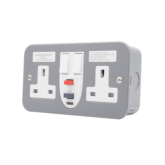 Click Essentials 13A 2 Gang Type A Passive RCD Metal Clad Twin Switched Socket Outlet CLRCDP036