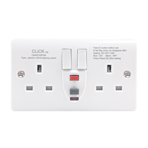 Click Mode 13A 2 Gang Type A Passive RCD Twin Switched Socket Outlet CMARCDP036