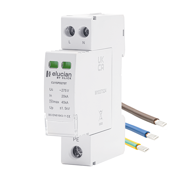 Click Elucian 2 Pole 275Uc 40kA Type 2 18mm SPD with Tails CU1SPD275T