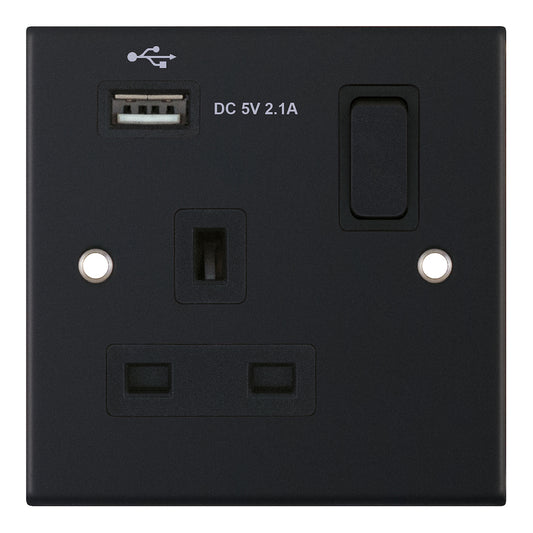 Selectric 5M 1 Gang 13A SP Switched Socket with USB Port Matt Black DSL11-60