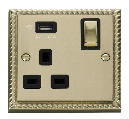 Click Deco 1 Gang 13A Switched Socket with 2.1A Type A USB Outlets Black Inserts VPxx571UBK