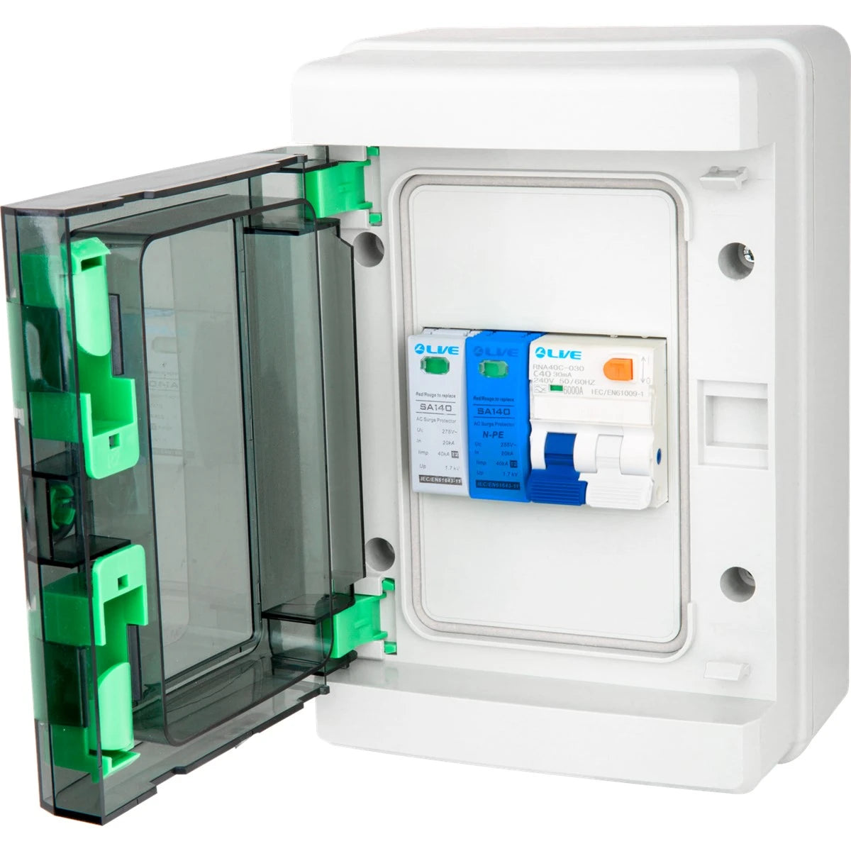 Live Electrical IP65 4 Way 40A DP B Curve RCBO & 1P+N Surge Protection Device SPD EV Charging Unit LEV440SP-BP