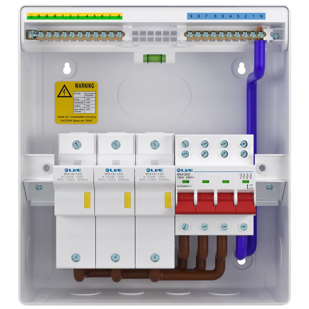 Live Electrical Metal 125A 3 Phase Fused Switch with 4 Pole 125A Main Switch LSFS125
