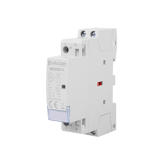 Click Elucian 2 Pole 1 Module 20A Contactor 1 x Normally Open + 1 x Normally Closed Contacts MC20211