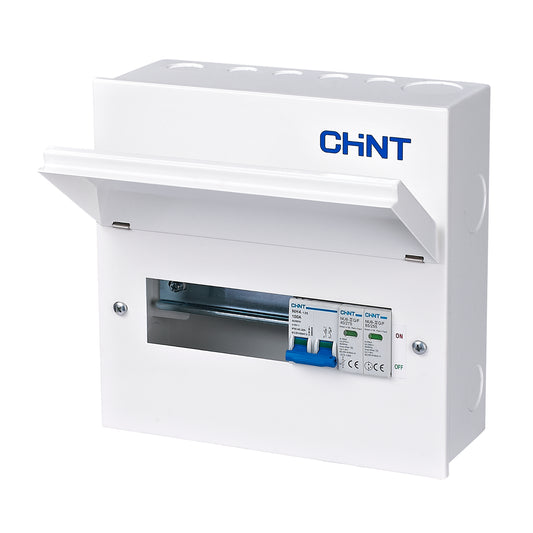 Chint 10 Way (6 Free) Metal Consumer Unit with Type 2 SPD & 100A Mains Switch NX3-10MS-SPD