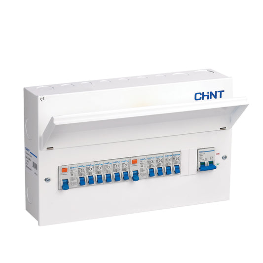 Chint 18 Way (12 Free) Dual 63A RCD Metal Consumer Unit with 100A Mains Switch & 10 MCBs NX3-18RA