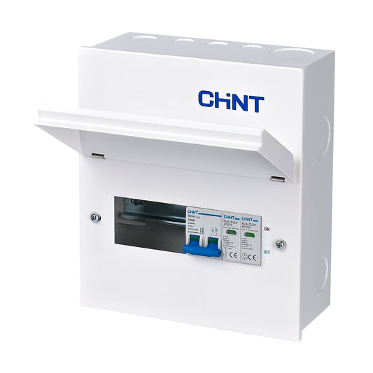 Chint 8 Way (4 Free) Metal Consumer Unit with Type 2 SPD & 100A Mains Switch NX3-8MS-SPD