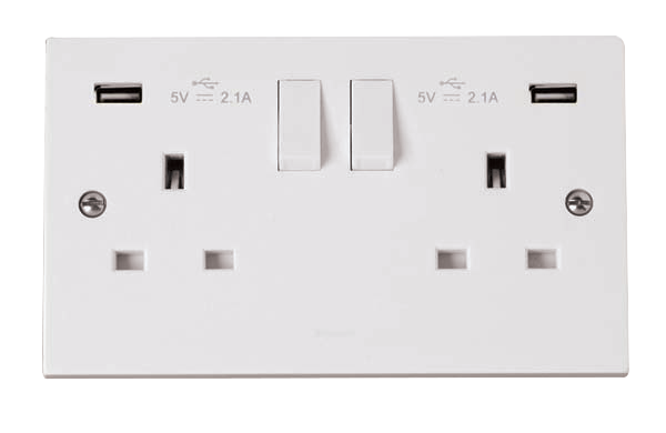 Click Polar 2 Gang 13A Switched Socket with Twin 2.1A Type A USB Outlets PRW780