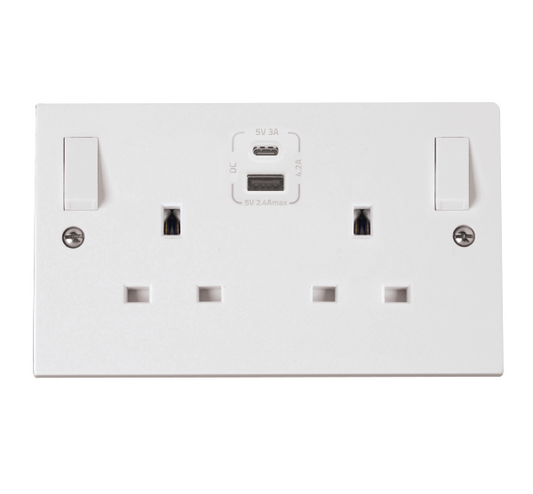 Click Polar 2 Gang 13A DP Switched Socket with 4.2A Type A & Type C USB Outlets PRW786