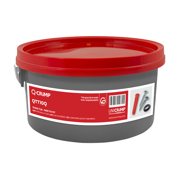 Unicrimp Q-Crimp Trade Tub 100 x 20mm Open Grommets + 400 x Red Plastic Wall Plugs + 400 x 8 x 1.5" Countersunk Screws QTT10Q