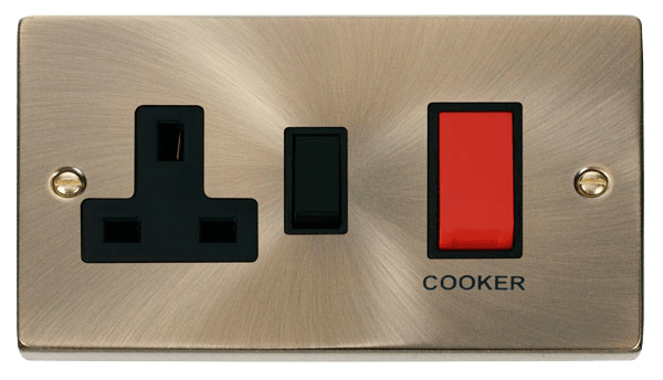 Click Deco 45A DP Switch with 13A DP Switched Socket Outlet Red Rocker Black Inserts VPxx204BK