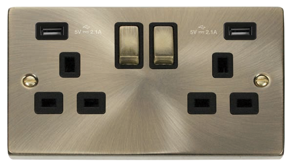 Click Deco 2 Gang 13A Switched Socket with Twin 2.1A Type A USB Outlets Black Inserts VPxx580BK