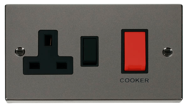Click Deco 45A DP Switch with 13A DP Switched Socket Outlet Red Rocker Black Inserts VPxx204BK