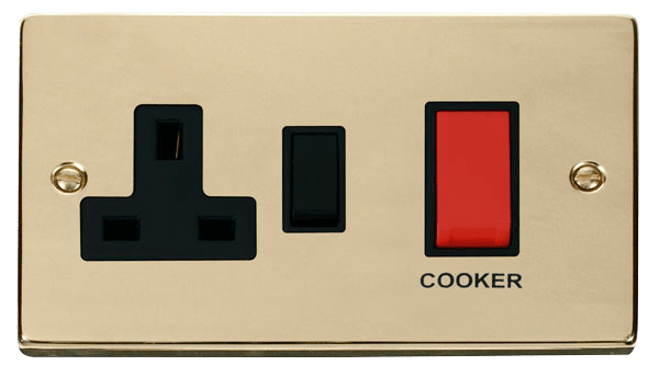 Click Deco 45A DP Switch with 13A DP Switched Socket Outlet Red Rocker Black Inserts VPxx204BK