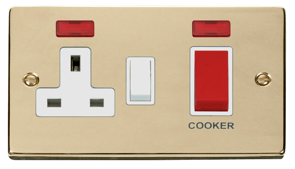 Click Deco 45A DP Switch with 13A DP Switched Socket Outlet Red Rocker with Neon White Inserts VPxx205WH
