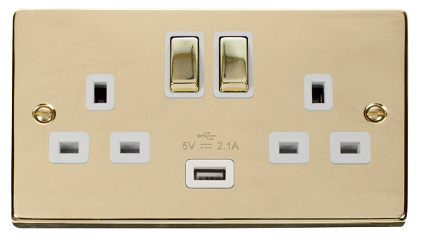 Click Deco 2 Gang 13A Switched Socket with 2.1A Type A USB Outlets White Inserts VPxx570WH