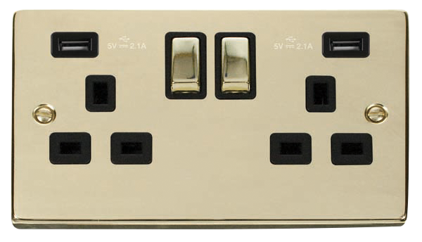 Click Deco 2 Gang 13A Switched Socket with Twin 2.1A Type A USB Outlets Black Inserts VPxx580BK