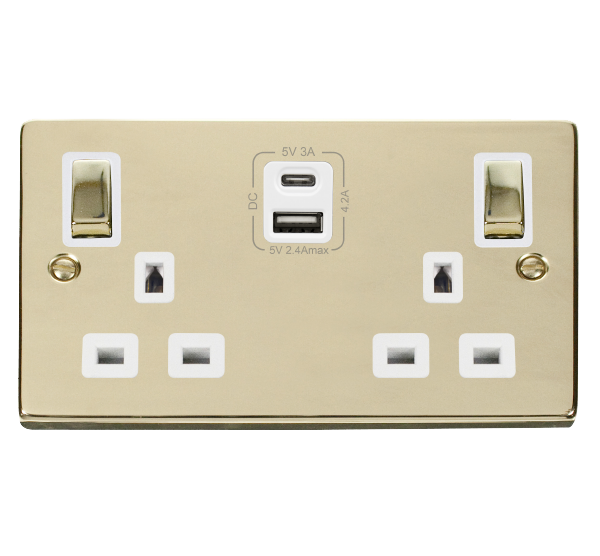 Click Deco 2 Gang 13A DP Switched Socket with 4.2A Type A & Type C USB Outlets White Inserts VPxx586WH