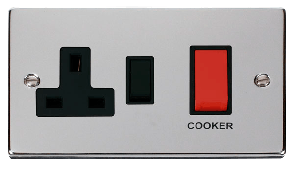 Click Deco 45A DP Switch with 13A DP Switched Socket Outlet Red Rocker Black Inserts VPxx204BK
