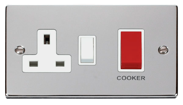 Click Deco 45A DP Switch with 13A DP Switched Socket Outlet Red Rocker White Inserts VPxx204WH