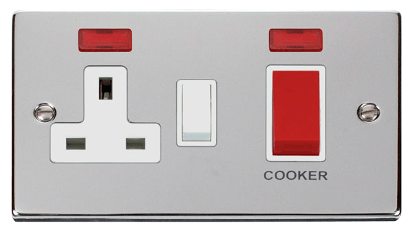 Click Deco 45A DP Switch with 13A DP Switched Socket Outlet Red Rocker with Neon White Inserts VPxx205WH