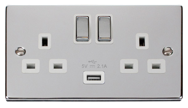 Click Deco 2 Gang 13A Switched Socket with 2.1A Type A USB Outlets White Inserts VPxx570WH