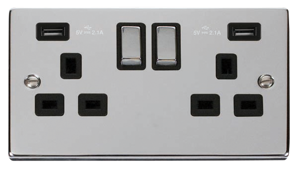 Click Deco 2 Gang 13A Switched Socket with Twin 2.1A Type A USB Outlets Black Inserts VPxx580BK