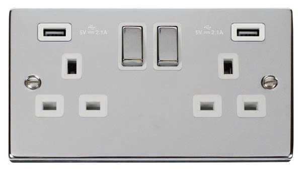 Click Deco 2 Gang 13A Switched Socket with Twin 2.1A Type A USB Outlets White Inserts VPxx580WH