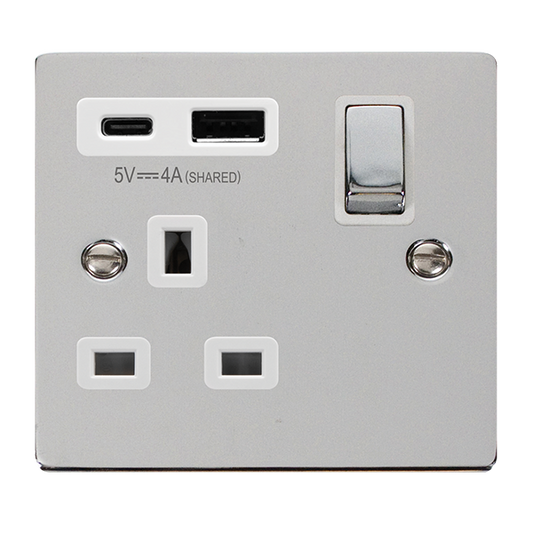 Click Deco 1 Gang 13A Switch Socket with 4A Type A & C USB Outlets White Inserts VPxx585WH