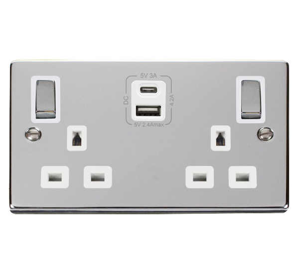 Click Deco 2 Gang 13A DP Switched Socket with 4.2A Type A & Type C USB Outlets White Inserts VPxx586WH