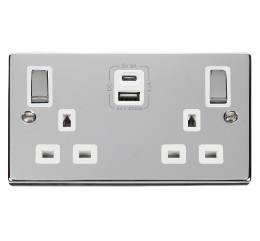 Click Deco 2 Gang 13A DP Switched Socket with 4.2A Type A & Type C USB Outlets White Inserts VPxx586WH