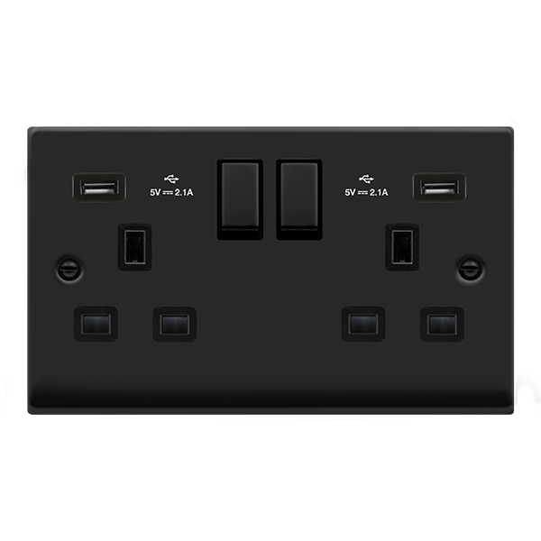 Click Deco 2 Gang 13A Switched Socket with Twin 2.1A Type A USB Outlets Black Inserts VPxx580BK