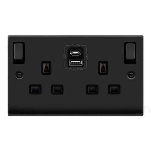 Click Deco 2 Gang 13A DP Switched Socket with 4.2A Type A & Type C USB Outlets Black Inserts VPxx586BK