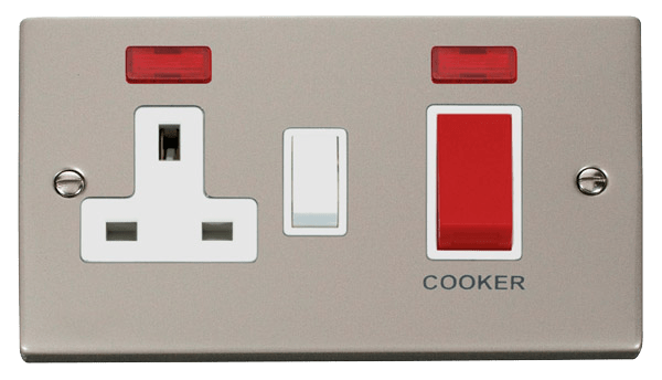 Click Deco 45A DP Switch with 13A DP Switched Socket Outlet Red Rocker with Neon White Inserts VPxx205WH